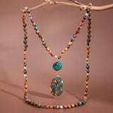 Stone Beaded Long Necklace, Large Stone Pendant - 7268