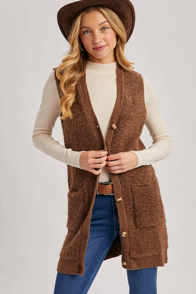 BUTTON DOWN V-NECK TEDDY KNIT LONG LINED VEST