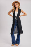 SHEER LONG LINE SLEEVELESS VEST BELTED CARDIGAN