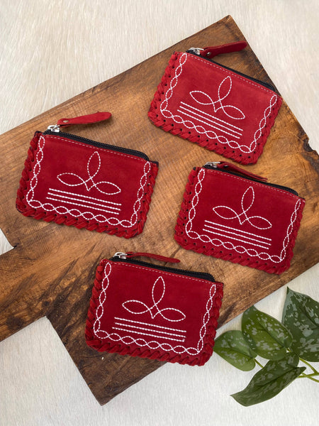 Carmine Suede Leather BootStitch Coin Pouch 