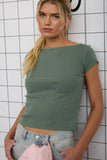 WASHED BOAT NECK SHORT SLEEVE RIBBED KNIT TOP