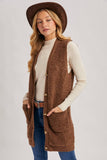 BUTTON DOWN V-NECK TEDDY KNIT LONG LINED VEST