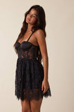 BLACK SEE-THROUGH FLORAL LACE HIGH-LOW MINI DRESS