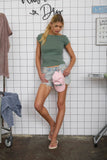 WASHED BOAT NECK SHORT SLEEVE RIBBED KNIT TOP