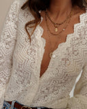 V-Neck Lace Blouse Long Sleeve Elegant See-Through Top