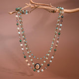 Triple Layered Mixed Glass Bead and Stone Necklace - 7258