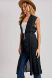 SHEER LONG LINE SLEEVELESS VEST BELTED CARDIGAN