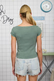 WASHED BOAT NECK SHORT SLEEVE RIBBED KNIT TOP