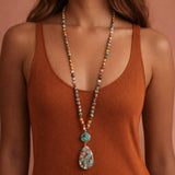 Stone Beaded Long Necklace, Large Stone Pendant - 7268