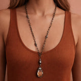 Boho Long Beaded Chain Link Necklace, Glass Crystal Teardrop Pendant - 6350