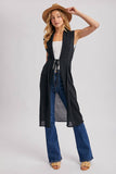 SHEER LONG LINE SLEEVELESS VEST BELTED CARDIGAN