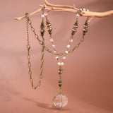 Natural Stone Bead Chain Link Necklace, Glass Crystal Pendant - 6517