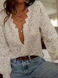 V-Neck Lace Blouse Long Sleeve Elegant See-Through Top