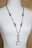 Natural Stone Bead Chain Link Necklace, Glass Crystal Pendant - 6517