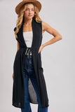 SHEER LONG LINE SLEEVELESS VEST BELTED CARDIGAN