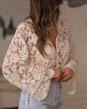 Boho Beige Lace Floral Sheer Blouse