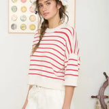 Red & Cream Striped Half-Sleeve Sweater Top