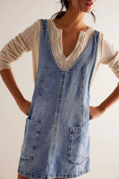 Denim scoop neck overall dress