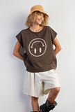	Upside down smiley washed cotton jersey t shirt. Round neckline and drop sleeve. 