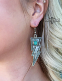 	Drop down silver lightening bolt earrings with engraved details and oval turquoise studs. 