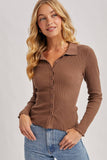 BUTTON DOWN RIBBED KNIT POLO TOP