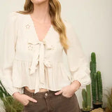 Floral Eyelet Linen LS Top