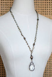 Boho Long Beaded Chain Link Necklace, Glass Crystal Teardrop Pendant - 6350