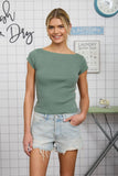 WASHED BOAT NECK SHORT SLEEVE RIBBED KNIT TOP
