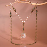 Natural Stone Bead Chain Link Necklace, Glass Crystal Pendant - 6517