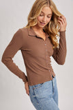 BUTTON DOWN RIBBED KNIT POLO TOP