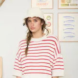 Red & Cream Striped Half-Sleeve Sweater Top